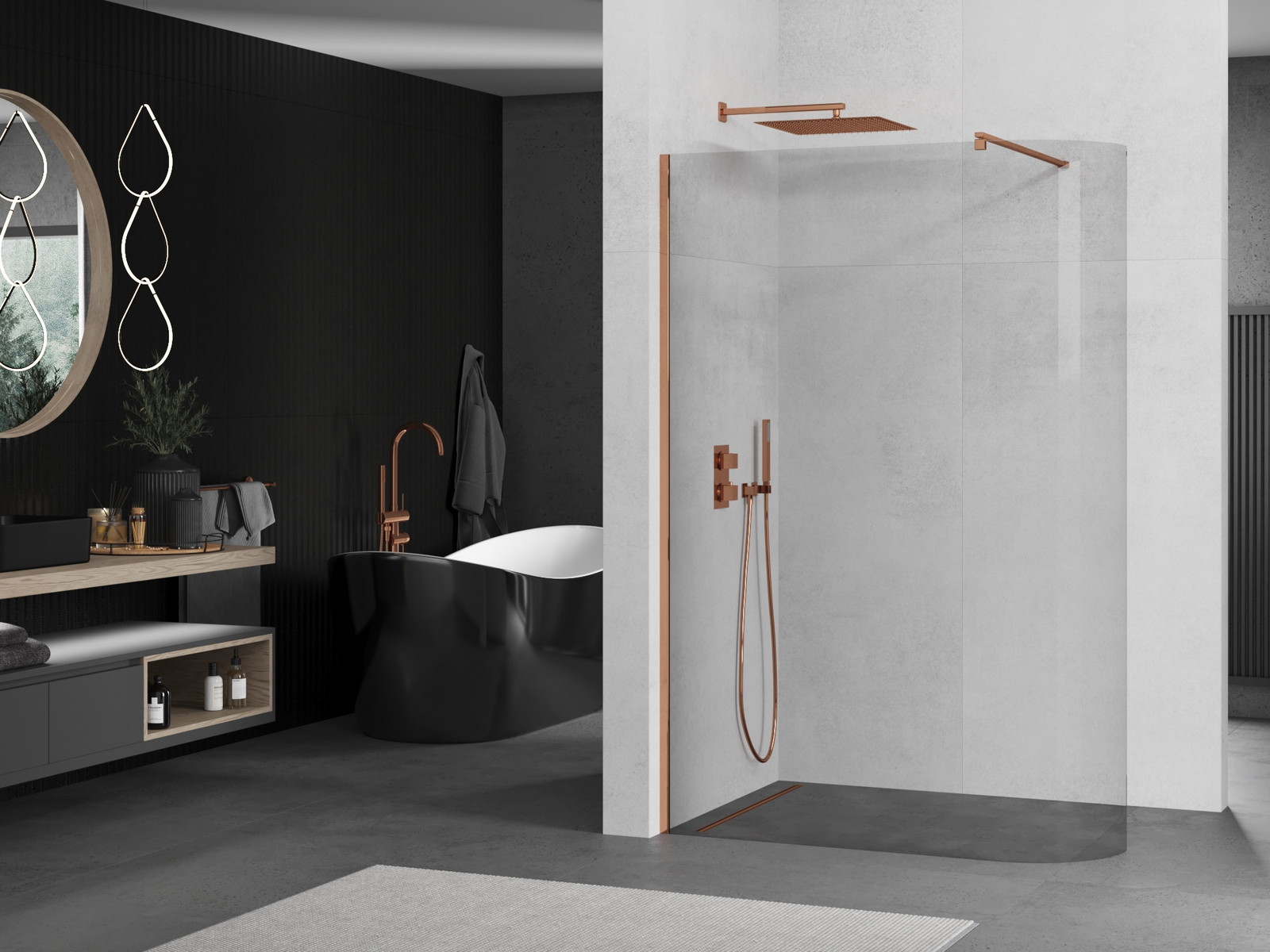 Mexen Kioto-R ścianka prysznicowa zaokrąglona Walk-in 150 x 200 cm, transparent 8 mm, różowe złoto - 800-150-101-60-06